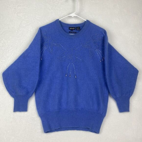Minali Sweater Womens Small Blue Angora Hand Embroidered Lightweight Pullover - Picture 2 of 8